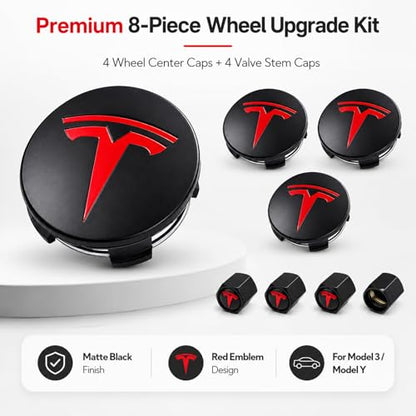4 Pack Wheel Center Cover for Tesla Model 3 & Model Y,56mm Hubcaps Wheel Rim Cover Tesla Center Caps Hubcaps+4 Car Valve Stem Caps (Matte Black+Red Emblem) - color: Matte Black+Red Emblem