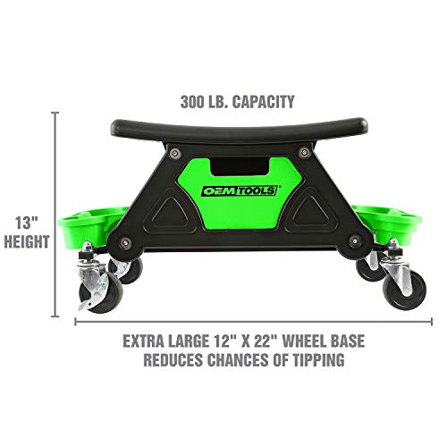 OEMTOOLS 24986 Heavy-Duty Rolling Workbench and Creeper Seat, Mechanics Stool with Wheels, Creepers, Shop Stools with Wheels, Automotive, Green and Black 300 LB Capacity
