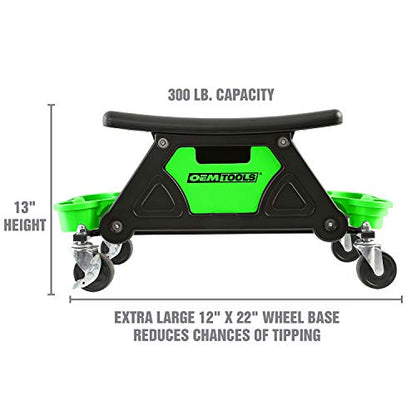 OEMTOOLS 24986 Heavy-Duty Rolling Workbench and Creeper Seat, Mechanics Stool with Wheels, Creepers, Shop Stools with Wheels, Automotive, Green and Black 300 LB Capacity