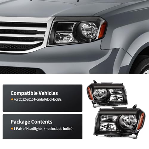 Headlight Assembly Compatible with 2012 2013 2014 2015 Honda Pilot,Halogen Headlamp Replacement Driver and Passenger Side Black Housing Amber Reflector
