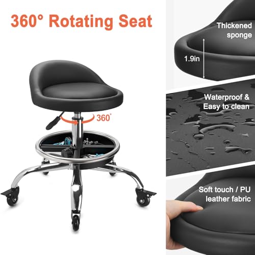 Garage Mechanic Stool Chair, Rolling Workshop Stool with Tool Tray Storage, Height Adjustable Heavy Duty Swivel Task Chair, Mechanic Chair for Garage, Shop, Auto Repair (Style 2)