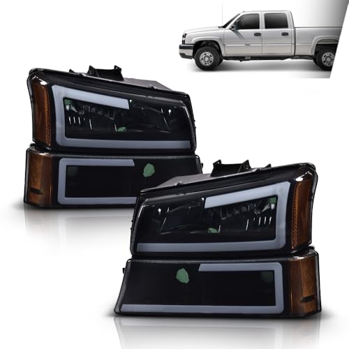 G-PLUS LED Headlights Assembly, Compatible with Chevy Silverado 1500 2500 3500&HD 2003 2004 2005 2006 Bumper Headlamps, Smoky Lens Black Housing Amber Reflector,faros delanteros - size: [LED Black] 2003-2006 Chevy Silverado