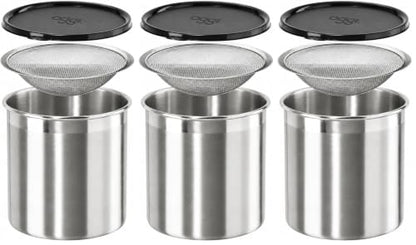 Oggi Stainless Steel Jumbo Grease Container with Removable Strainer and Snug Lid. Perfect container for fryer oil, bacon drippings, lard and ghee oil. Large capacity can - 1 Gall / (Pack of 3) - size: 4 Quarts (Pack of 3)