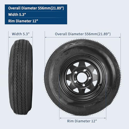 Heavy Duty 2-Pack 5.30-12 Trailer Tires & Black 12" Steel Wheels – 6PR Load Range C, All-Weather, 5 Lug 4.5" Bolt Design, Easy Assembly for Utility/Boat/Camper/Cargo Trailers - size: 5.30-12 5 lug