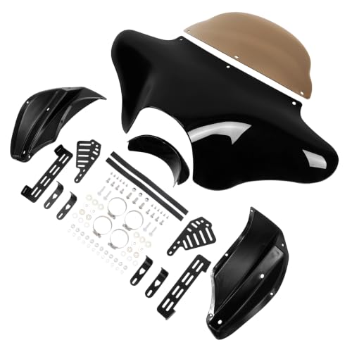 TCMT Outer Batwing Fairing Windshield Mount Hardware Kit Fit for Yamaha V Star 650 1100 Classic 1998-2011 Honda Shadow ACE 1995-2000 Valkyrie 1997-2001 Harley Road King 1994-2023 Fat Boy 1987-2017 - color: Vivid Black Fairing+Smoked Windshield
