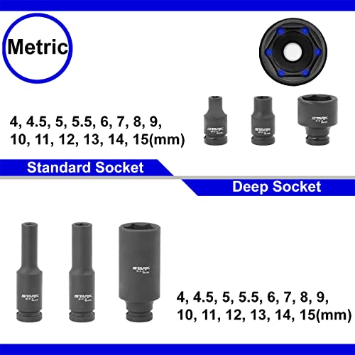 Stark USA Elite 53PCS 1/4" DR Master Impact Socket Wrench Set, Universal Socket Adapter SAE (3/16" - 9/16") & MM (4 to 15) - style: 53pcs SAE/Metric Impact Socket Set