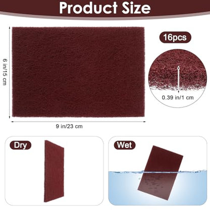 16 Pcs Maroon General Purpose Scuff Pads 6" x 9” 320 Grit Red Scuff Pad Automotive Pads for Scuffing Scouring Sanding Paint Primer Prep Adhesion Scratch Handicrafts