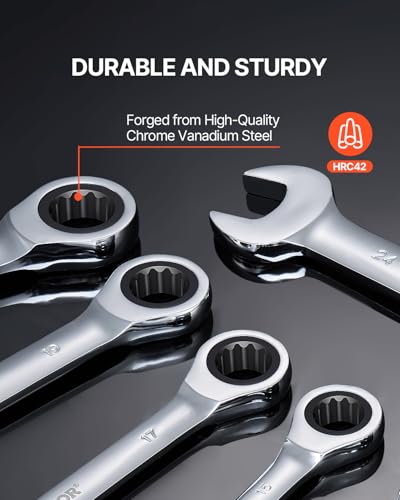 VEVOR Combination Wrench Set, 16-Piece Ratcheting Wrench Set with Organizer Rack, Cr-V Steel, Metric 8 mm to 24 mm, Ideal for General Household, Garage, Workshop, Auto Repairs, Emergency - size: 16PC