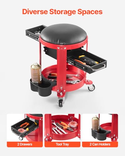 VEVOR Rolling Mechanic Stool with Wheels, 300 lbs Capacity Garage Seat/Work Stool, Padded Roller Creeper Seat with Fixed Height, Tool Tray and 2 Drawers, for Garage, Shop & Auto Repair, Red+Black