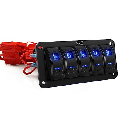 FXC Pre-Wired 5 Gang Rocker Switch Aluminum Panel with 40A Inline Fuse, Waterproof 6-Pin On-Off Car Boat Switch, Blue LED Switch Panel for Marine Boat Automotive RV Truck ATV Vehicles 12V/24V - style: 5 Gang