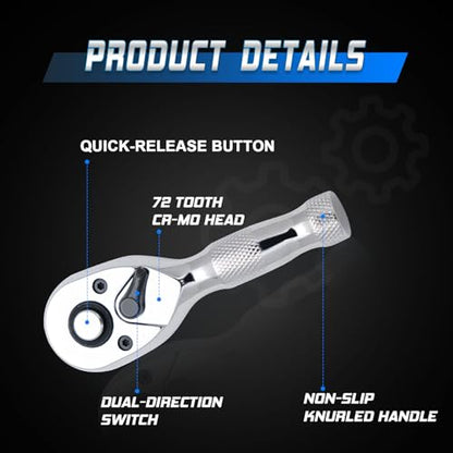 1/4" 3/8" 1/2" Stubby Drive Ratchet Set,Mini Ratchet Wrench Set,Small Socket Wrench,72-Tooth Quick Release,Reversible Durable Chrome Alloy Made, Fashionable Thread Design, Fully Polished - size: 1/4-inch+3/8-inch+1/2-inch Set, style: Stubby-Metal handle
