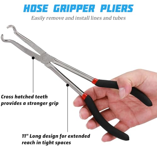 11 Inch Car Long Reach Hose Grip Pliers, Ring Nose Spark Plug Boot Wire Removal Pliers with Serrated Jaws, Automotive Hoses and Fittings Installation Tool, Universal for SUV RV Sedan