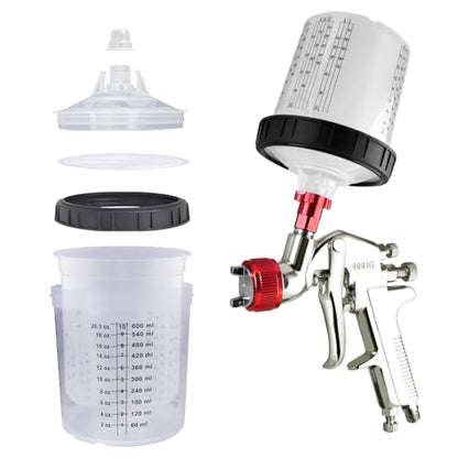 Disposable Paint Sprayer Gun Cup 20 Ounce(600ML) Kit with 10 Cups and Lids System, 1 Hard Cup with Retainer Ring, 2 Plugs, 1 Paint Stirrer, 10 Paint Strainers for Automotive Commercial Coatings - size: 20 Ounce kit 10pcs
