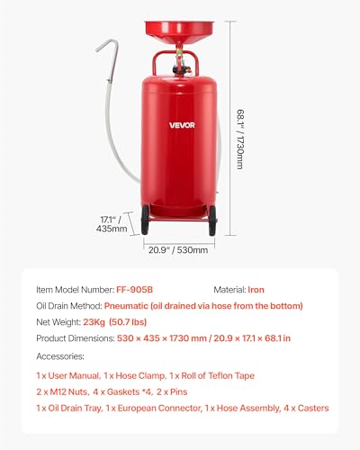 VEVOR 25 Gallon Waste Oil Drain Tank, Air Operated Portable Oil Drainer with Adjustable Funnel Height, Industrial Fluid Drain Tank with Wheels, Fluid Fuel Transfer Drainage for Auto Repair Shops, Red - size: 20.9 x 17.1 x 68.1 in