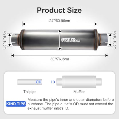 Exhaust Muffler Universal Stainless Steel Muffler Tip Straight-Through Performance for Cars Trucks, 4" Inlet/Outlet, Overall Length 30", 8" Body Diameter - size: 4" Inlet/Outlet - 8" Body Diameter