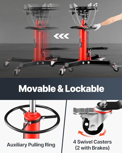 VEVOR 1/2Ton/1100lbs Capacity Hydraulic Transmission Jack, Car & Truck Compatible, 33.5-67 Inch Lift Range, 2-Stage Jack Stand with Foot Pedal, 360 Swivel Wheel, Red - style: Transmission Jack 1100lbs