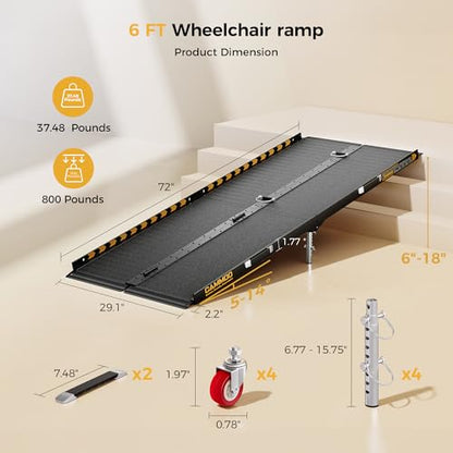CAMMOO 6 FT Aluminum Wheelchair Ramp with 800 LBS Load Capacity, Portable Folding ramps for wheelchairs - size: 6 FT