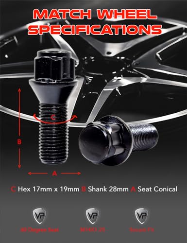 Set of 4 Veritek 14x1.25mm Black Wheel Bolt Locks 28mm Shank Length Conical Seat for BMW Mini Factory OEM or Aftermarket Wheels