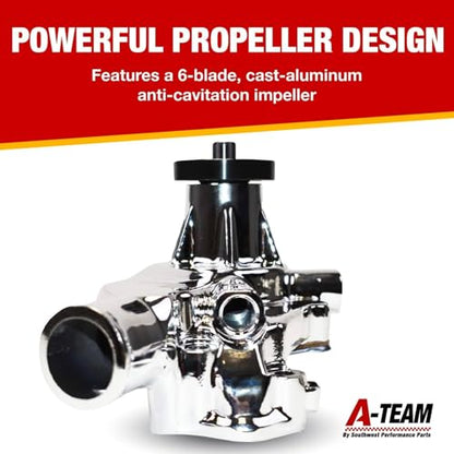 A-Team Performance 6-Blade Aluminum Water Pump - 5-5/8 in H, 5/8 in Shaft High-Volume Pump - Compatible with Small Block Chevrolet 265-400 Ci Engines