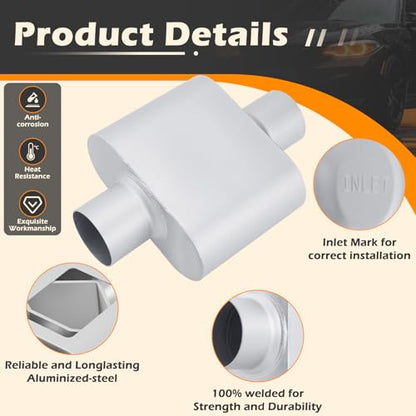 A-KARCK Single Chamber Muffler 3" Center Inlet 3" Center Outlet, 13" Overall Length Aluminized Steel Aggressive Sound Race Muffler (2 Pcs) - color: Silver, size: 3 Inch-2