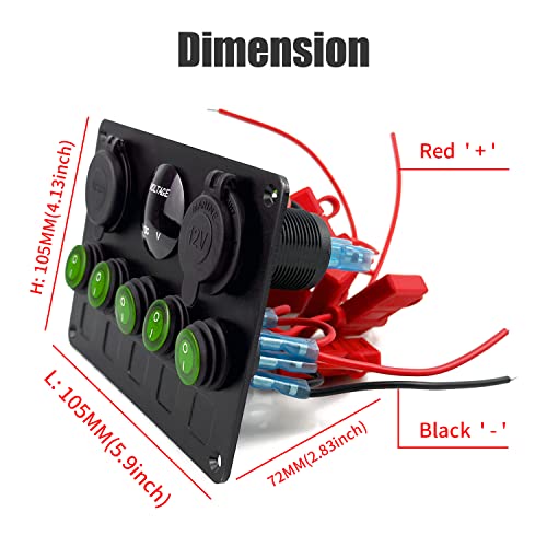FXC 5 Gang Rocker Switch Panel with Dual USB Slot Socket 5V 4.2A + Cigarette Lighter + Voltmeter for Marine Boat Car Rv Vehicles Truck 12-24V Waterproof Blue LED (5B Green) - color: Green
