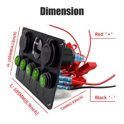 FXC 5 Gang Rocker Switch Panel with Dual USB Slot Socket 5V 4.2A + Cigarette Lighter + Voltmeter for Marine Boat Car Rv Vehicles Truck 12-24V Waterproof Blue LED (5B Green) - color: Green