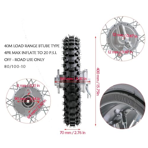 Front Rear Wheel Set, 80/100-10 Rear 60/100-12 Front Tire & Rim Tube with Drum Brake Assembly, 12mm Axle Hole Complete 12” 10“ inch Wheels for CRF50 70 XR70 110cc 90cc TTR Dirt Pit Bike