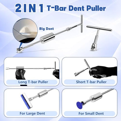 Car Dent Puller Kit, 140 PCS Paintless Dent Removal Kit with T-bar Dent Puller, Bridge Puller, Dent Lifter, Suction Cup Puller. Dent Remover Tool for Car Dents, Hail Damage, Door Ding Repair