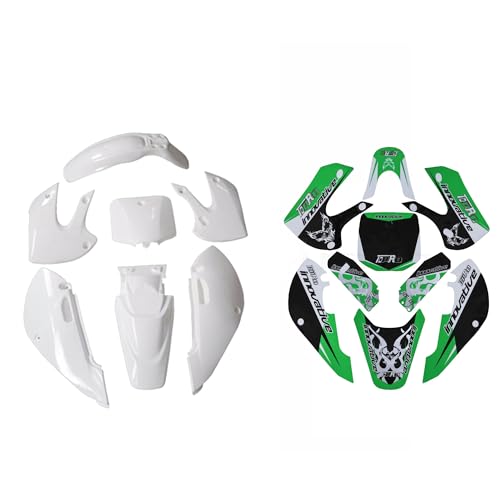 White Fairing Kit Plastic Fender with Green Graphics Sticker Decals for KLX110 KX65 KLX 110 KX 65 DRZ110 RM65 110cc 125cc 140cc 150cc 160cc 200cc Pit Dirt Bike Motorcycle Plastics Body Kit