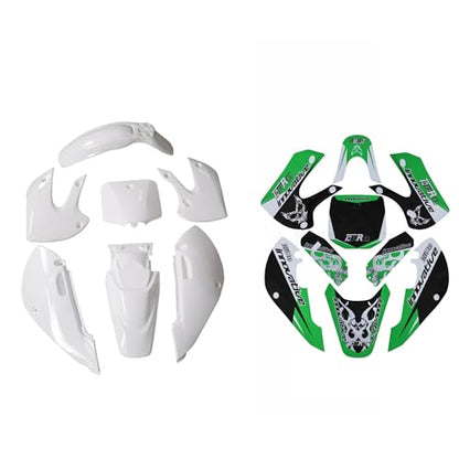 White Fairing Kit Plastic Fender with Green Graphics Sticker Decals for KLX110 KX65 KLX 110 KX 65 DRZ110 RM65 110cc 125cc 140cc 150cc 160cc 200cc Pit Dirt Bike Motorcycle Plastics Body Kit