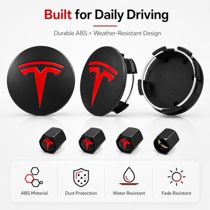 4 Pack Wheel Center Cover for Tesla Model 3 & Model Y,56mm Hubcaps Wheel Rim Cover Tesla Center Caps Hubcaps+4 Car Valve Stem Caps (Matte Black+Red Emblem) - color: Matte Black+Red Emblem