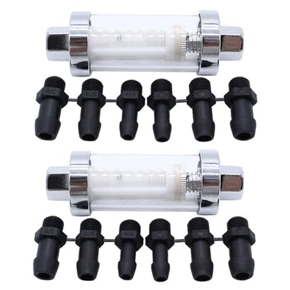 2 Set Universal 3/8" 1/4" 5/16" Fittings Inline Fuel Filters Chrome Glass Reusable Washable Inline Fuel Filter Fits for Motorcycle Car Caravan Boat Lawn Mower