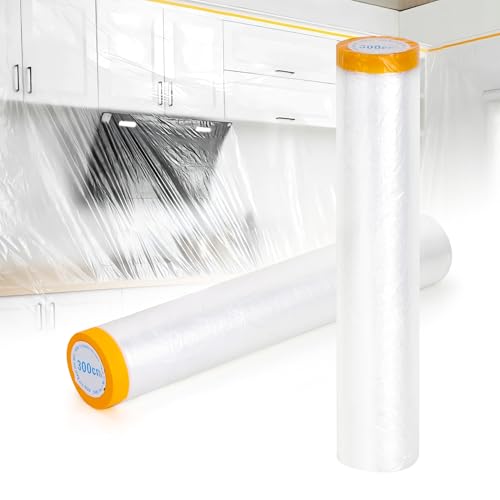Pre-Taped Masking Film 2 Pack Each 10 x 65 feet Rolls, Tape and Drape, Painters Plastic Sheeting Drop Cloth for Automotive Painting Covering, House Decoration Furniture Floor Dustproof Cover - color: White, size: 118 in x 65 feet