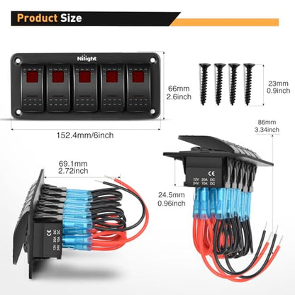 Nilight 5 Gang Rocker Switch Panel SPST On Off 5PIN Electrical Toggle Red - color: Red, size: 5 Gang