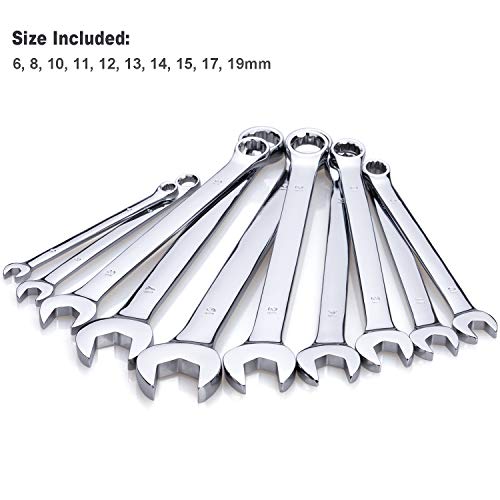 Max Torque 10-Piece Premium Metric Combination Wrench Set, Chrome Vanadium Steel, Long Pattern Design | Include Metric Sizes 6, 8, 10, 11, 12, 13, 14, 15, 17, 19mm with Storage Rack Organizer