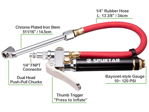 Spurtar 10-120 PSI Tire Pressure Gauge with Inflator Heavy Duty