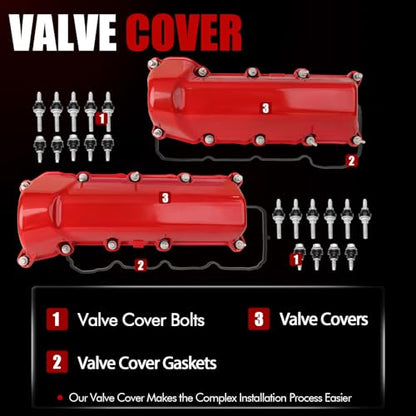 MITZONE Aluminum Valve Cover Set Compatible with Dodge Ram 1500 Durango Dakota Nitro Jeep Commander Grand Cherokee 3.7L V6 2004-2012 Replace 53021937AC 53021938AB - color: Red-Aluminum
