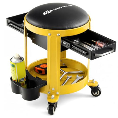 Goplus Rolling Mechanic Stool, Shop Stool Creeper Seat with Removable Padded Seat, 2 Drawers, Tool Tray, Twin Can Holder, Universal Wheels, Round Garage Workshop Chair, 330 Lbs Max Capacity (Yellow) - color: Yellow