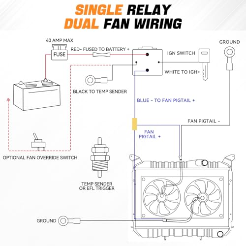 Auto Dynasty 10" Dual Electric Radiator Cooling Fan Switch Relay Kit, Black - color: Black, size: 10 Inch w/Thermostat Wiring Switch Relay Kit