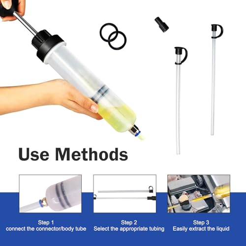200CC Automotive Fluid Extractor Pump, Manual Car Oil Change Syringe with 2 Suction Tubes, Multi-Purpose Brake Fluid Evacuator Manual Suction Pump, Universal for Cars SUVs Trucks (White)