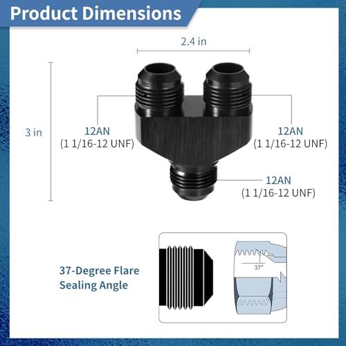 yeesport 12AN Y Block Fitting Splitter, 12 Male to Parallel Exit Dual 12AN1 Male Y Block Adapter, 3-Way 12AN Male Adapter, Rustproof Black Anodized Aluminum, for Fuel Line Rail Pump Filter Systems