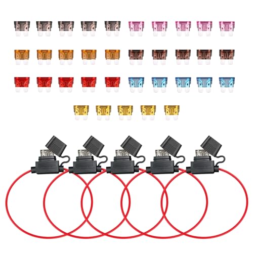 TMH Fuse Holder 16 Gauge Wiring Harness ATC/ATO Blade Automotive, Inline Kit 12 Volt Standard Car Fuse 2A/3A/5A/7.5A/10A/15A/20A (5 Packs) - style: 16 AWG - 5 Pcs