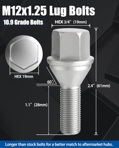 GAsupply 12x1.25 OEM Lug Bolts 28mm Shank Dacromet Chrome 3/4" Hex, 20pcs - color: Dacromet Chrome, size: 20pcs