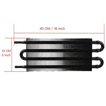 Universal 4 Row 4 Pass Aluminum Transmission Oil Cooler Kit 16"(40cm) x 5"(13cm) Tube & Fin Engine Cooler with 5/16" Hose Black/Silver For Racing Cars (Black) - color: Black