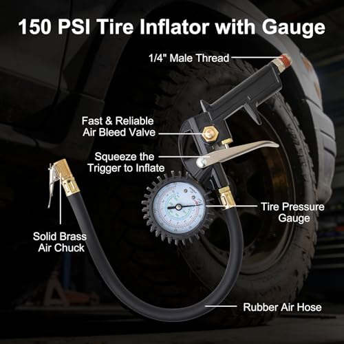 Gunpla 19 Pieces Air Compressor Accessories kit, Heavy Duty Air Blow Gun Air Hose Fittings and 150 PSI Tire Inflator Gauge, 1/4 in x 25 ft Recoil Poly Air Compressor Hose Kit