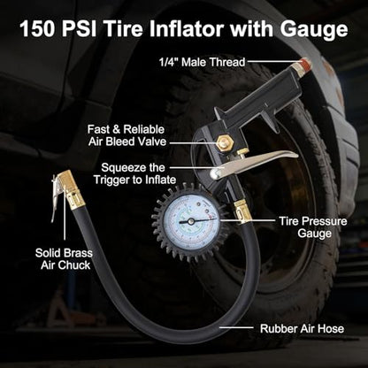 Gunpla 19 Pieces Air Compressor Accessories kit, Heavy Duty Air Blow Gun Air Hose Fittings and 150 PSI Tire Inflator Gauge, 1/4 in x 25 ft Recoil Poly Air Compressor Hose Kit