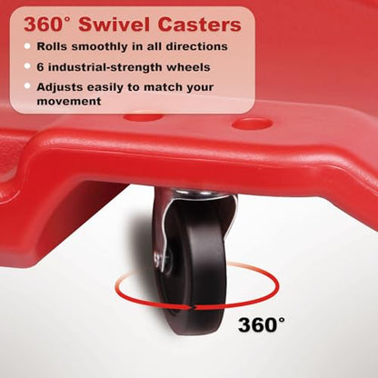 Mechanic Creeper 40 Inch - Heavy Duty 500 lbs Low Profile - Rolling Car Creeper with Padded Headrest, Dual Tool Trays, 6 Swivel Casters - Under Car Automotive Garage Creeper for Auto Repair, Red