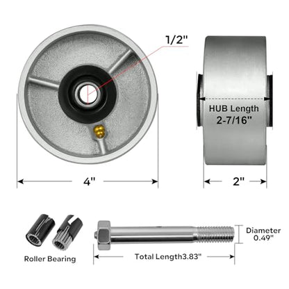 4" x 2" Industrial Casters, Steel Cast Iron Wheel - Heavy Duty Caster -Set of 4 Caster with 3200 lbs Capacity, Roller Bearing-1/2" Bore, Replacement Wheel for Platform Trucks(4 Pack) - style: 4"×2"