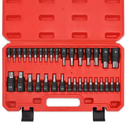 34-Piece Torx Bit Socket Set, 1/4", 3/8" and 1/2" Drive T6-T70 Solid Star Socket Set and Tamper Proof Torx Bit Socket Set,S2 Steel Bits and CR-V Sockets with Storage Case
