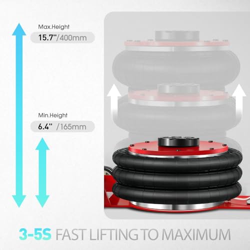 DNA Motoring Air Jack 5 Ton / 11000lbs Triple Bag Airbag Jack with Long Handle, 3-5 s Fast Lifting Pneumatic for Cars,Trucks, Garage, Repair, Lifting up to 15.7", TOOLS-00688 - color: Black/Red, style: Long Handle 5 ton